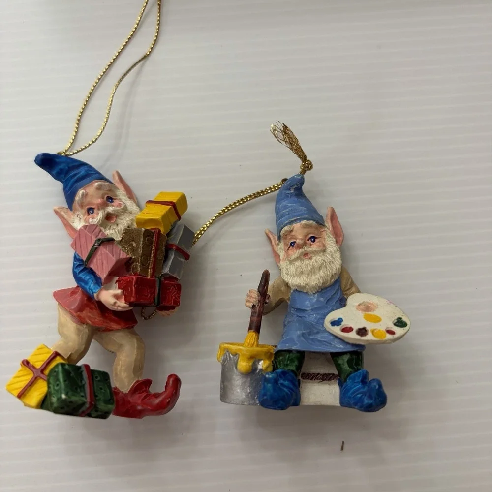 Vintage Christmas Elf Ornament Lot Of 3 Taiwan Pixie Gnome Painter Baker Gifts